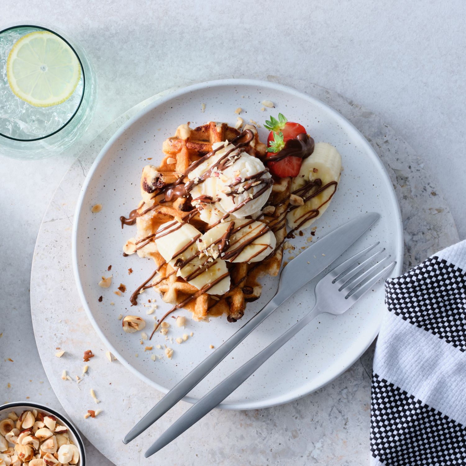 Choc Chip Waffles with Ice Cream and Choc Hazelnut Sauce